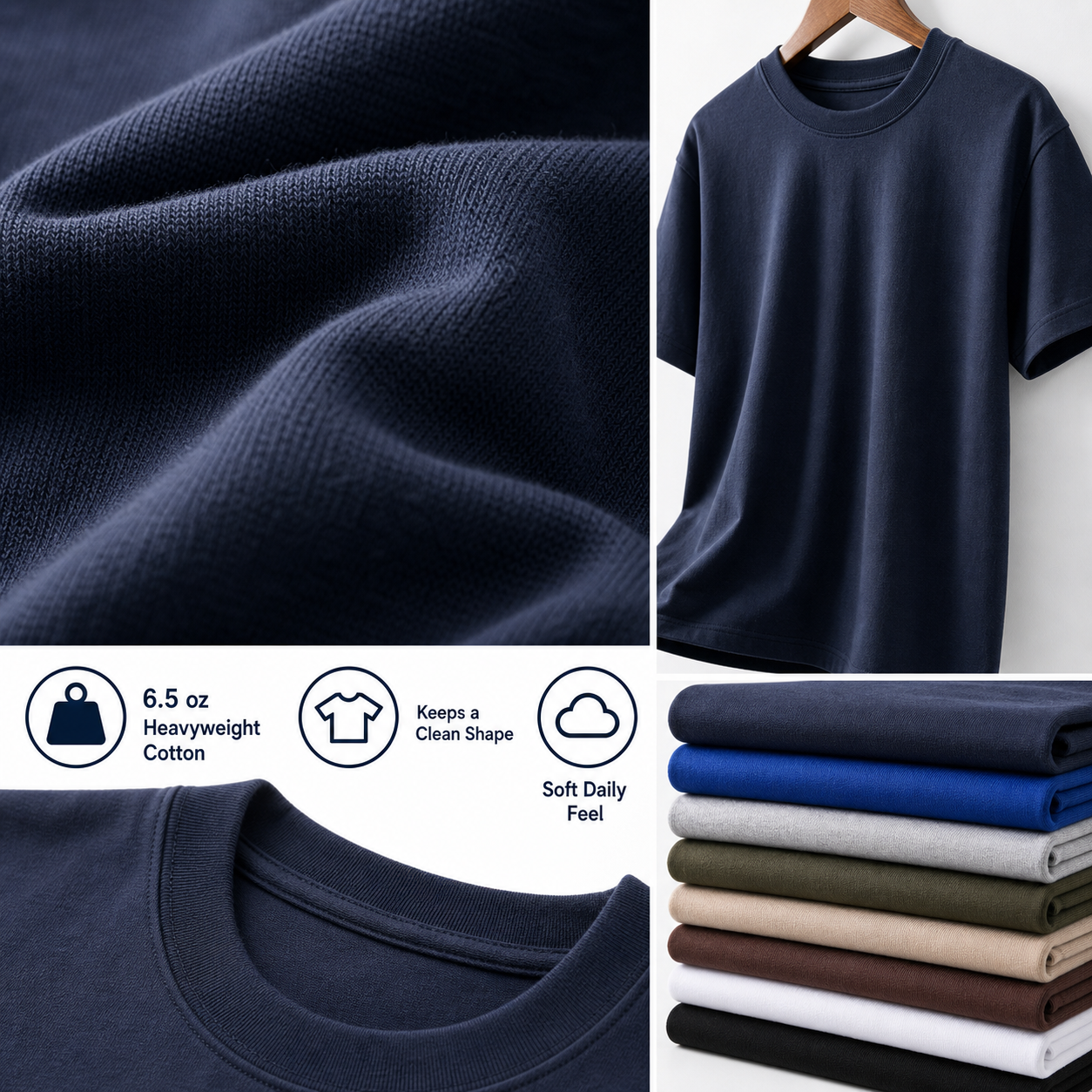 Heavyweight cotton T-shirt material close-up showing thick knit texture collar and folded color stack