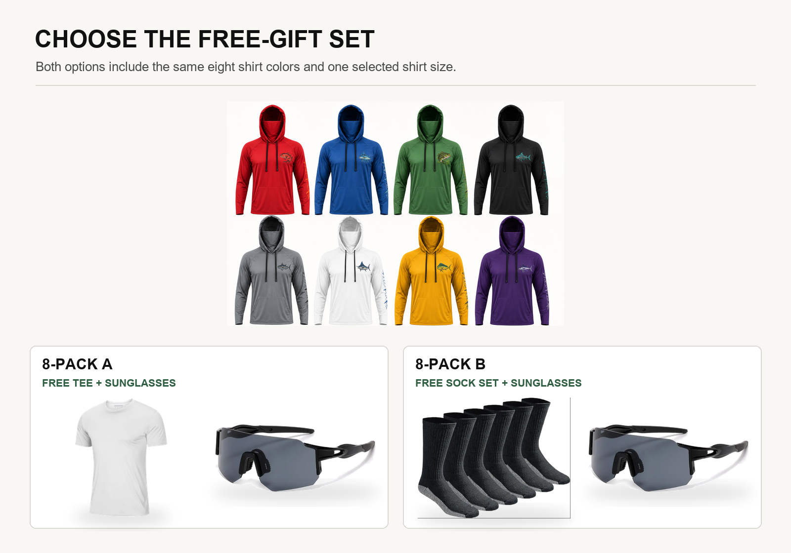 Eight fishing shirt colors with Pack A free tee and sunglasses and Pack B free socks and sunglasses