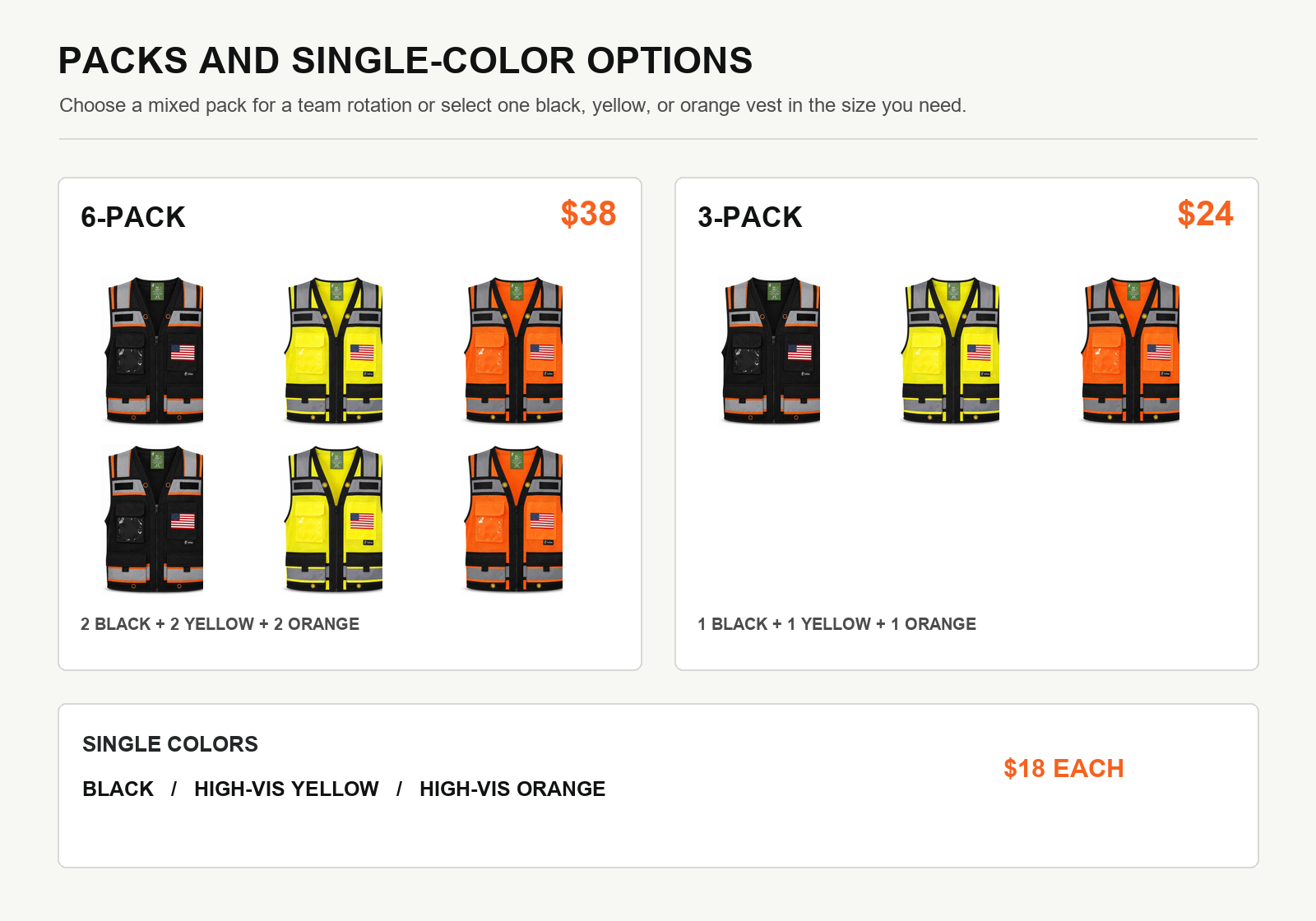 Six pack three pack and single color options for black yellow and orange reflective safety vests