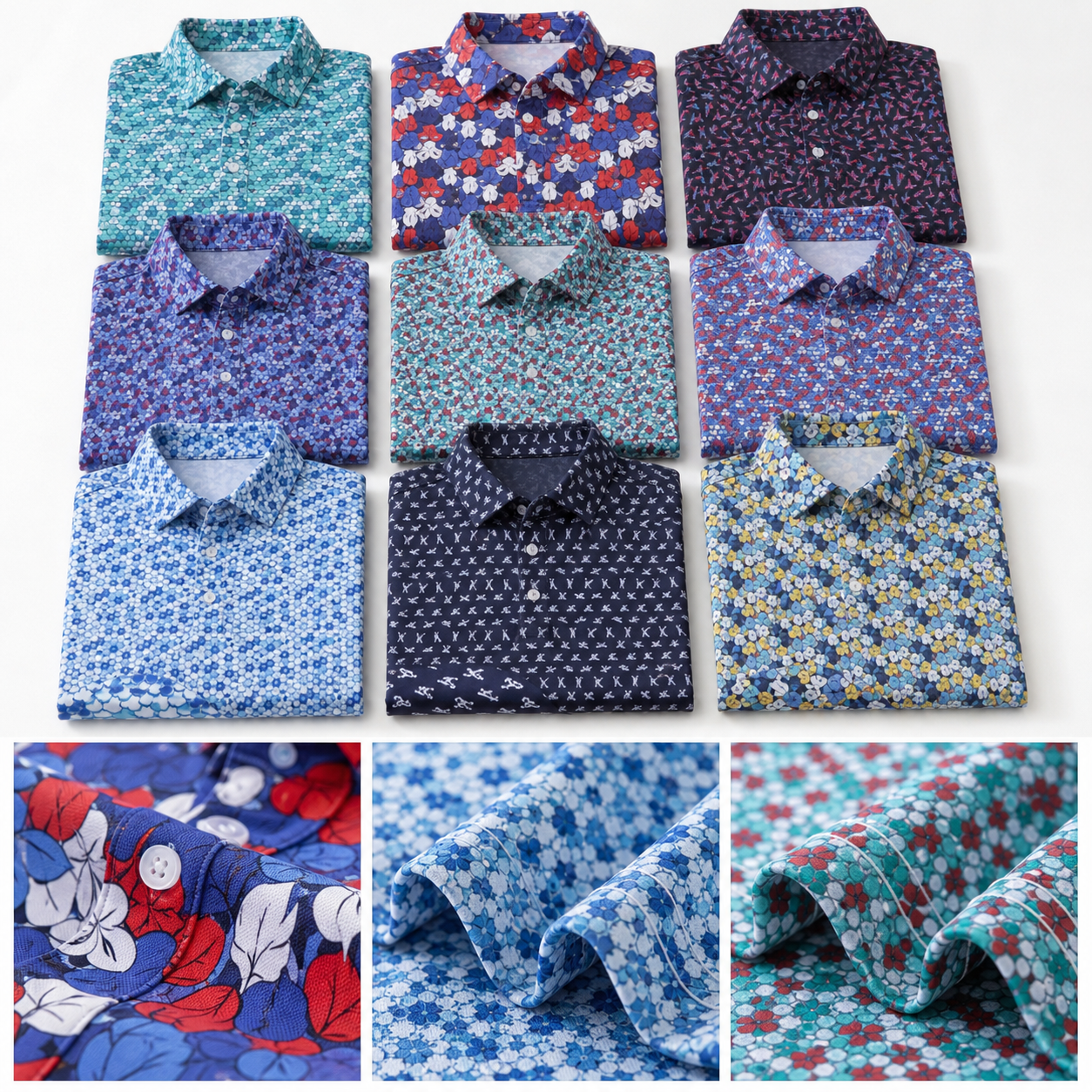 Nine printed short sleeve golf polos arranged with fabric texture close-ups and button details
