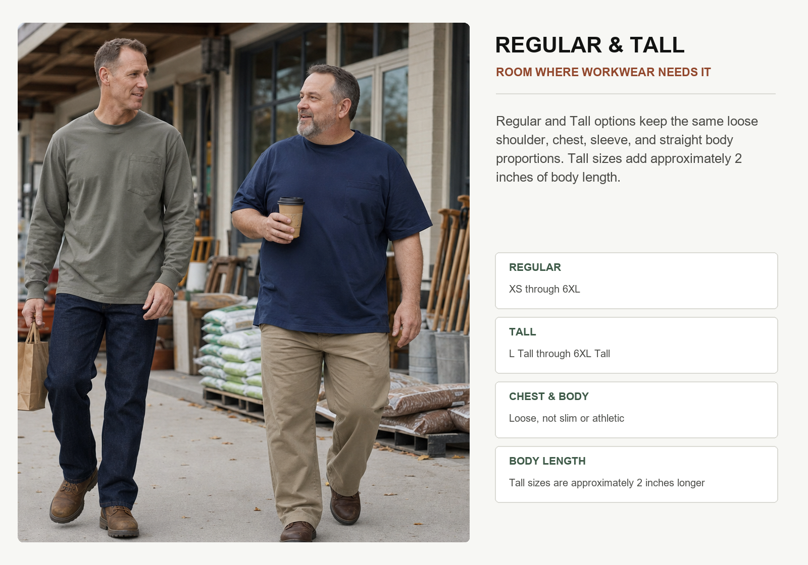 Regular and Tall fit comparison for men's heavyweight long and short sleeve pocket T-shirts