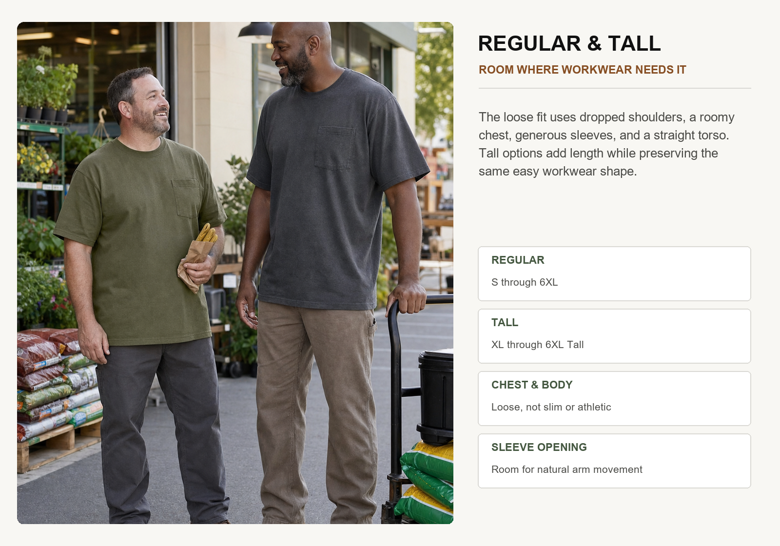 Regular and tall fit comparison for Relaxed Fit heavyweight short sleeve pocket T-shirt