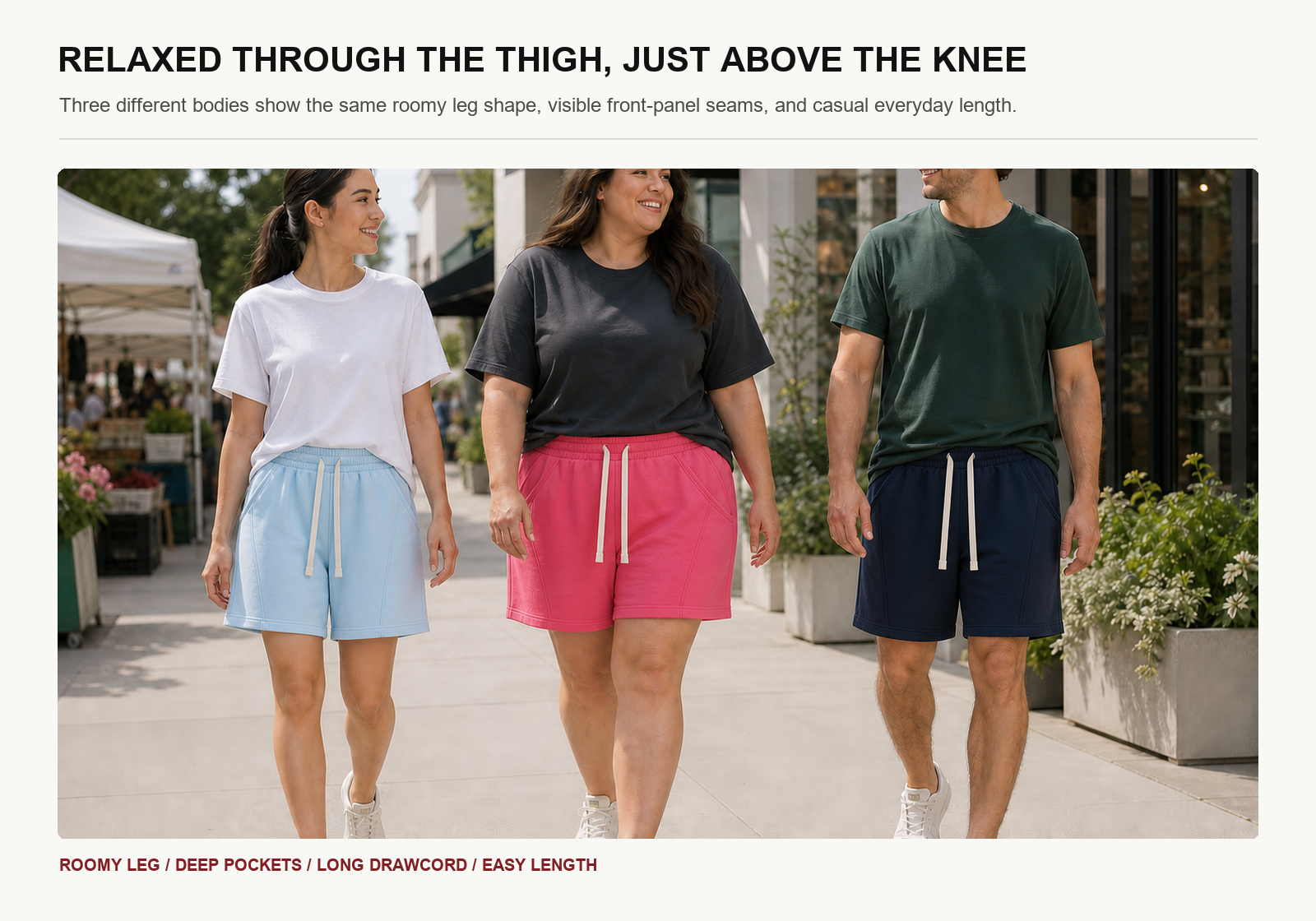 Women and man showing relaxed unisex cotton jersey lounge shorts fit and just above knee length