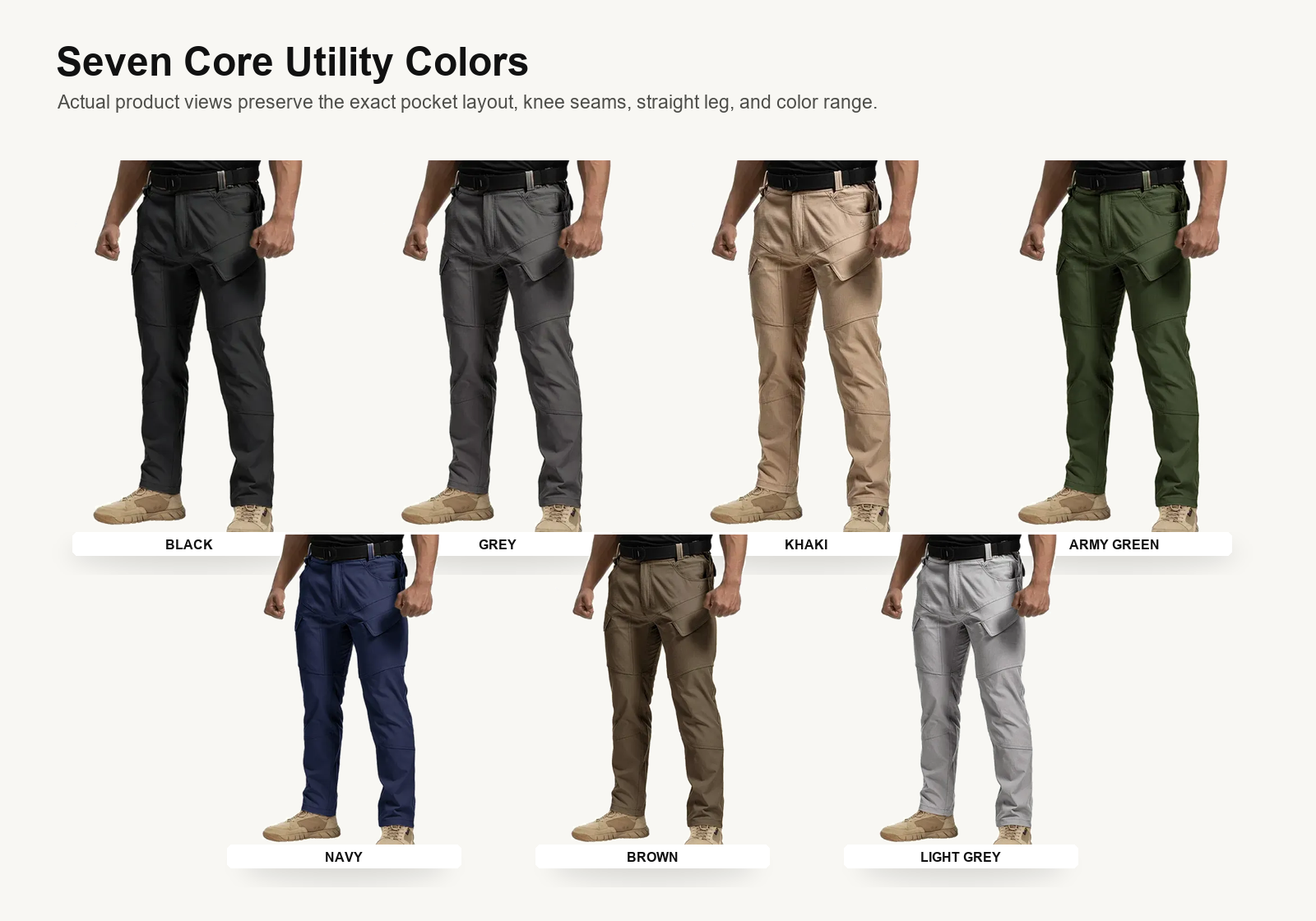 Seven actual color views of tactical ripstop cargo pants in black grey khaki green navy brown and light grey