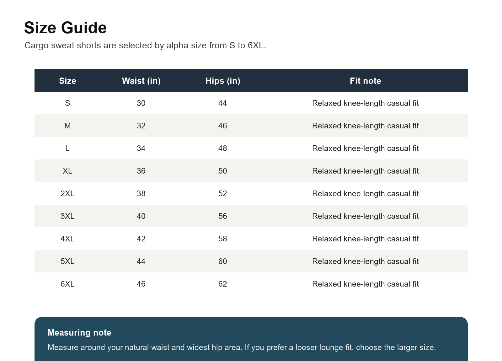 Size guide table for men's cargo sweat shorts from S to 6XL