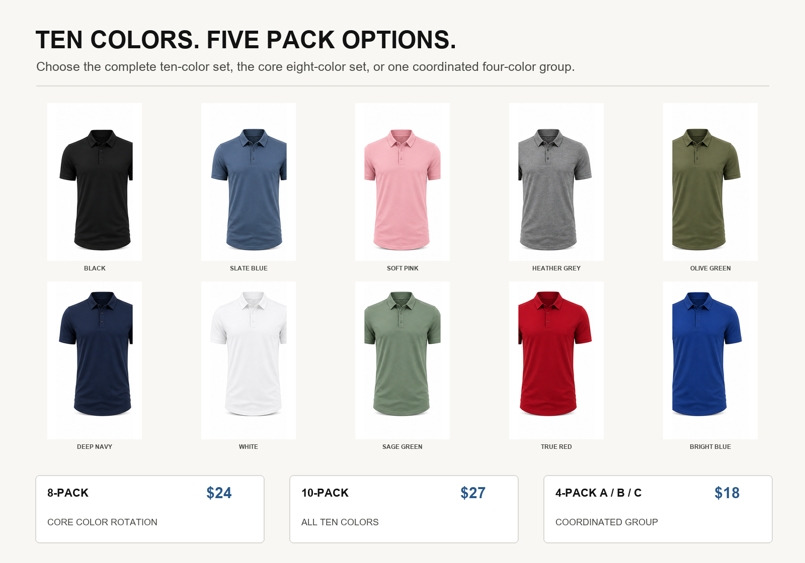 Ten color lineup and five pack options for men's casual business polo shirts