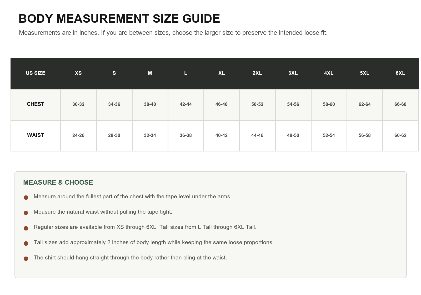 Men's heavyweight pocket T-shirt body measurement size chart from XS through 6XL with Tall sizing notes