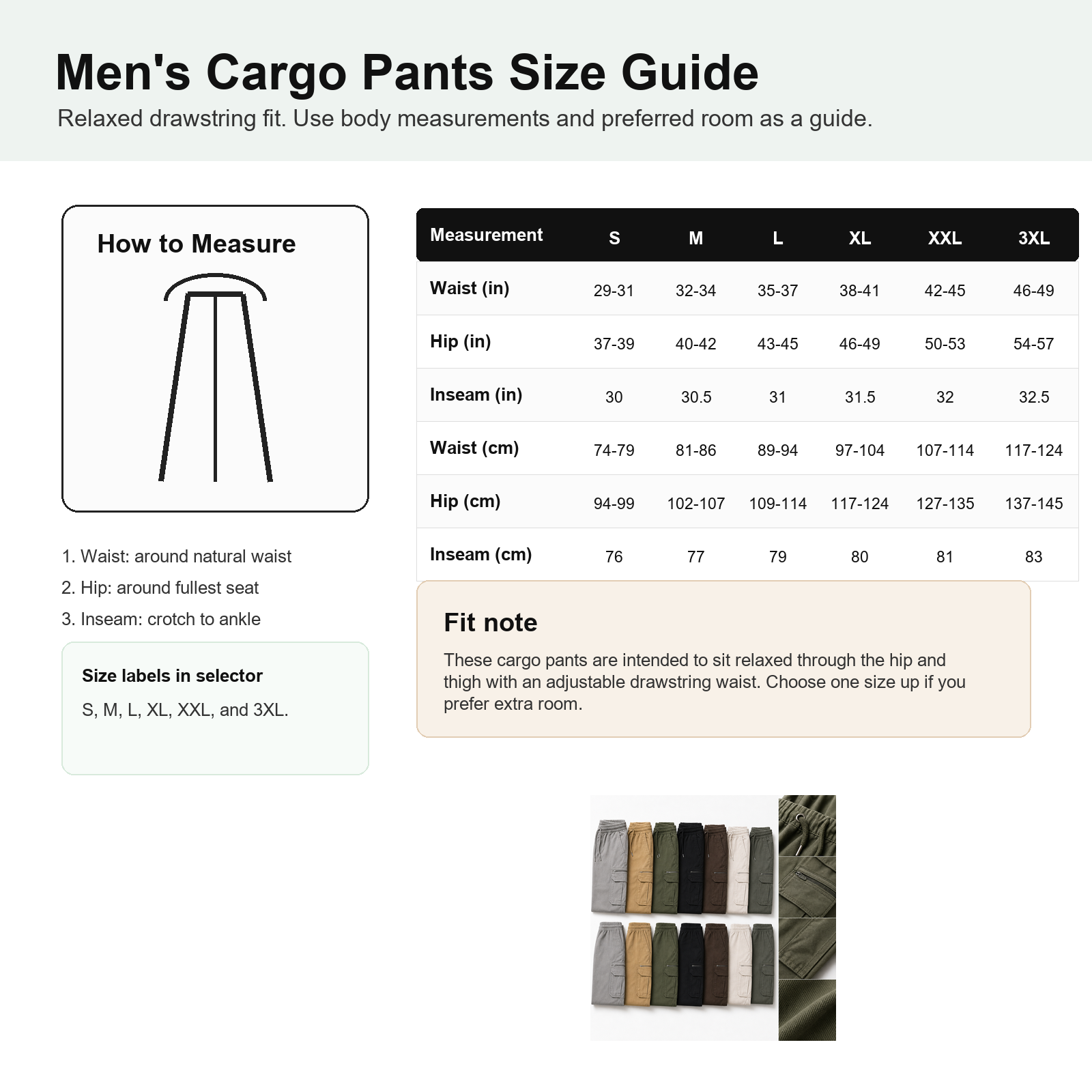 Men's cargo pants size guide for S M L XL XXL and 3XL with waist hip and inseam measurements