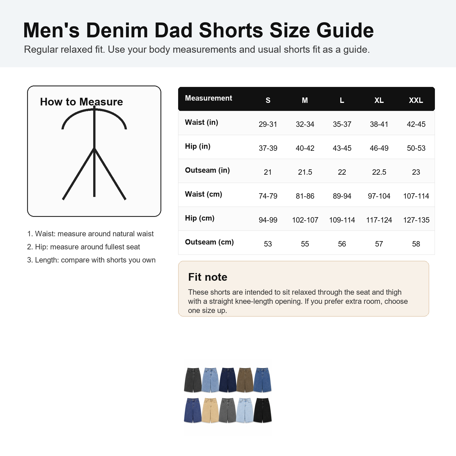 Men's denim dad shorts size guide table for sizes S to XXL with waist hip and outseam measurements