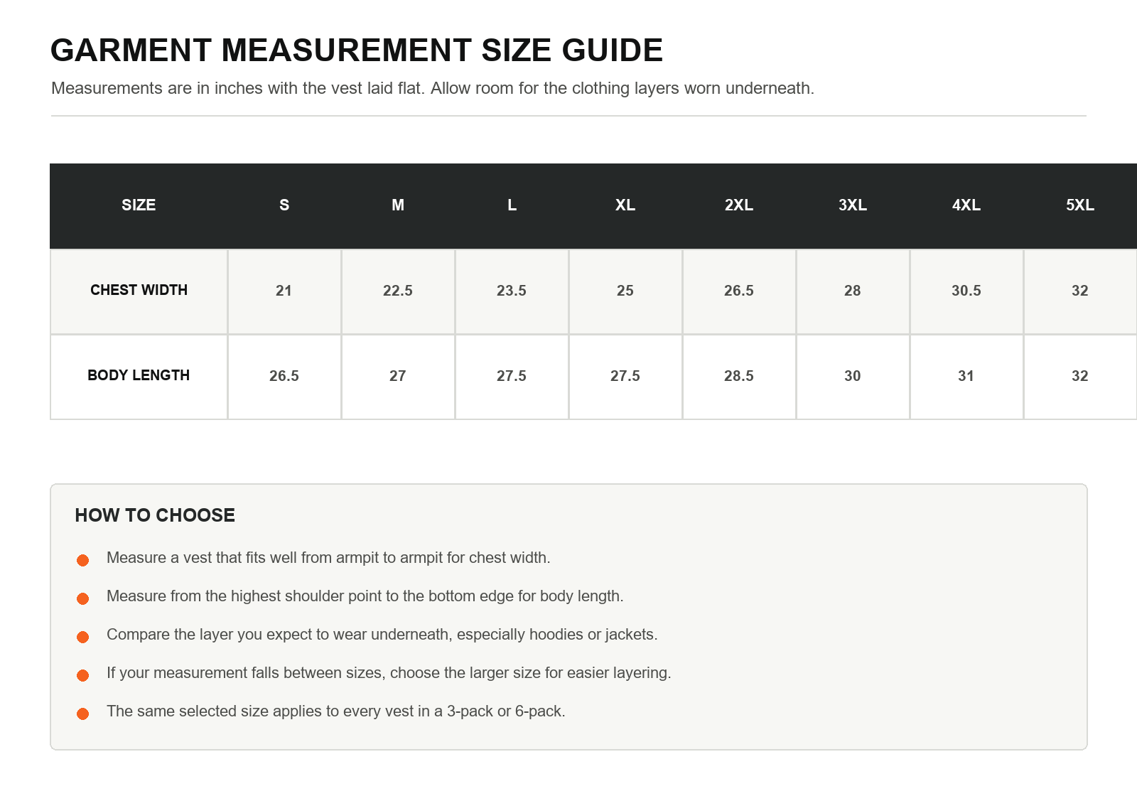 Reflective safety vest garment measurement chart from size S through 5XL