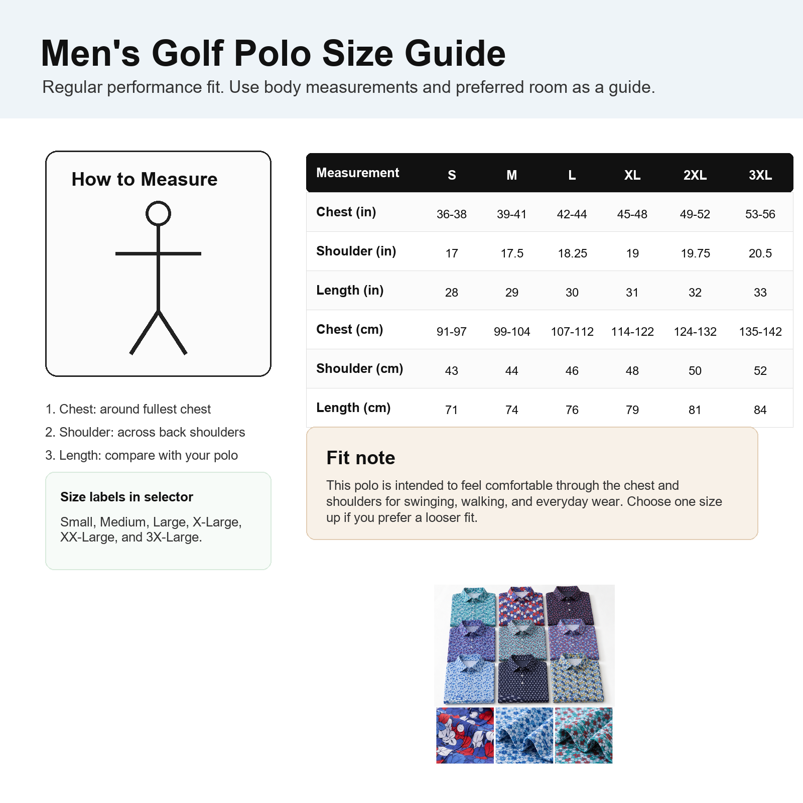 Men's golf polo size guide for Small Medium Large X-Large XX-Large and 3X-Large