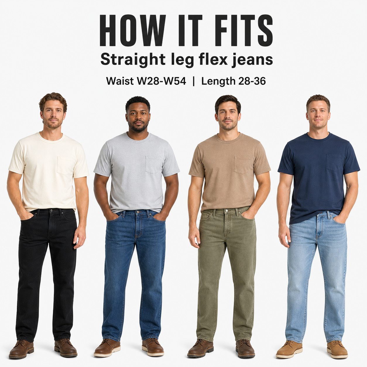 Four men wearing straight leg flex jeans in black medium wash washed olive and light blue