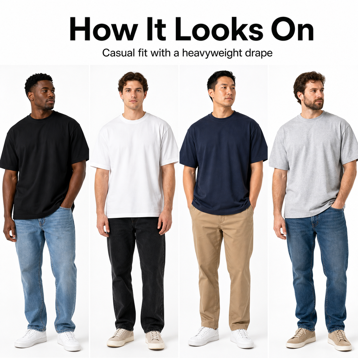 Four men wearing plain heavyweight cotton crew neck T-shirts in black white navy and heather gray