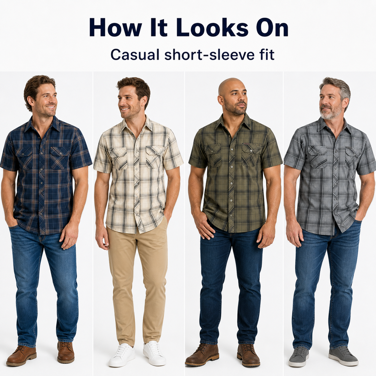 Four men wearing plaid short sleeve button-up shirts in different colors showing casual fit