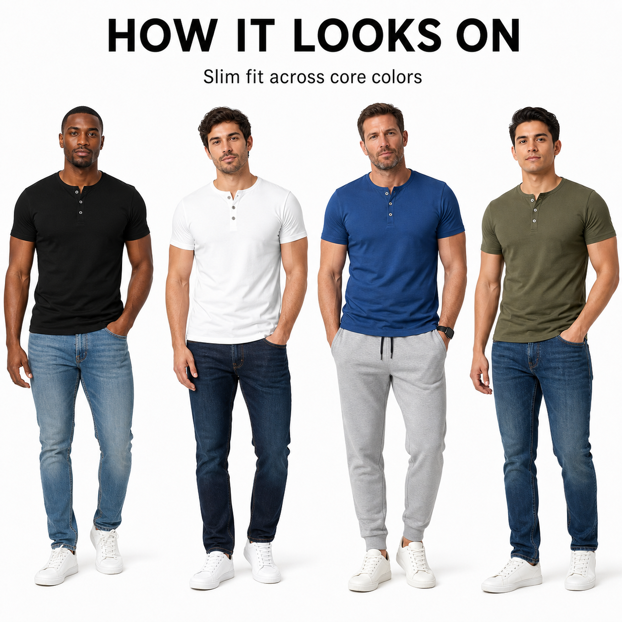 Four men wearing slim fit short sleeve Henley shirts in black white blue and olive