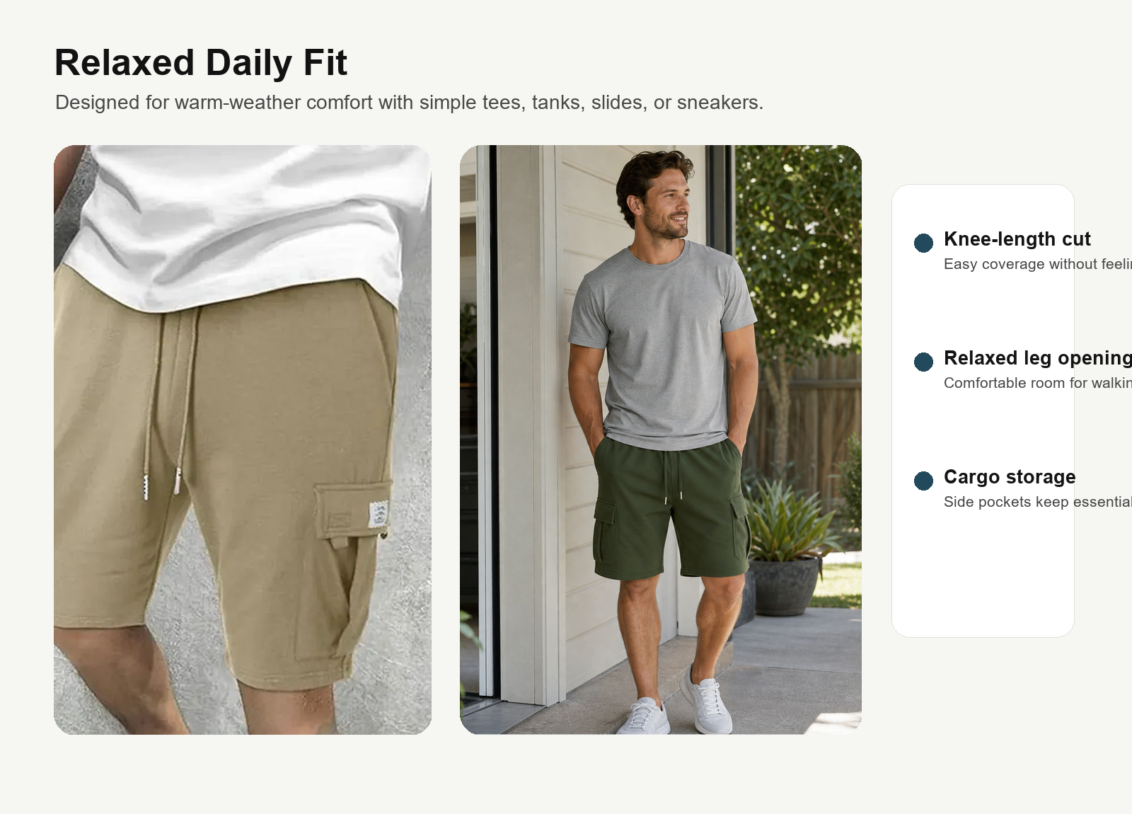 Relaxed daily fit panel for men's cargo sweat shorts with model and product details