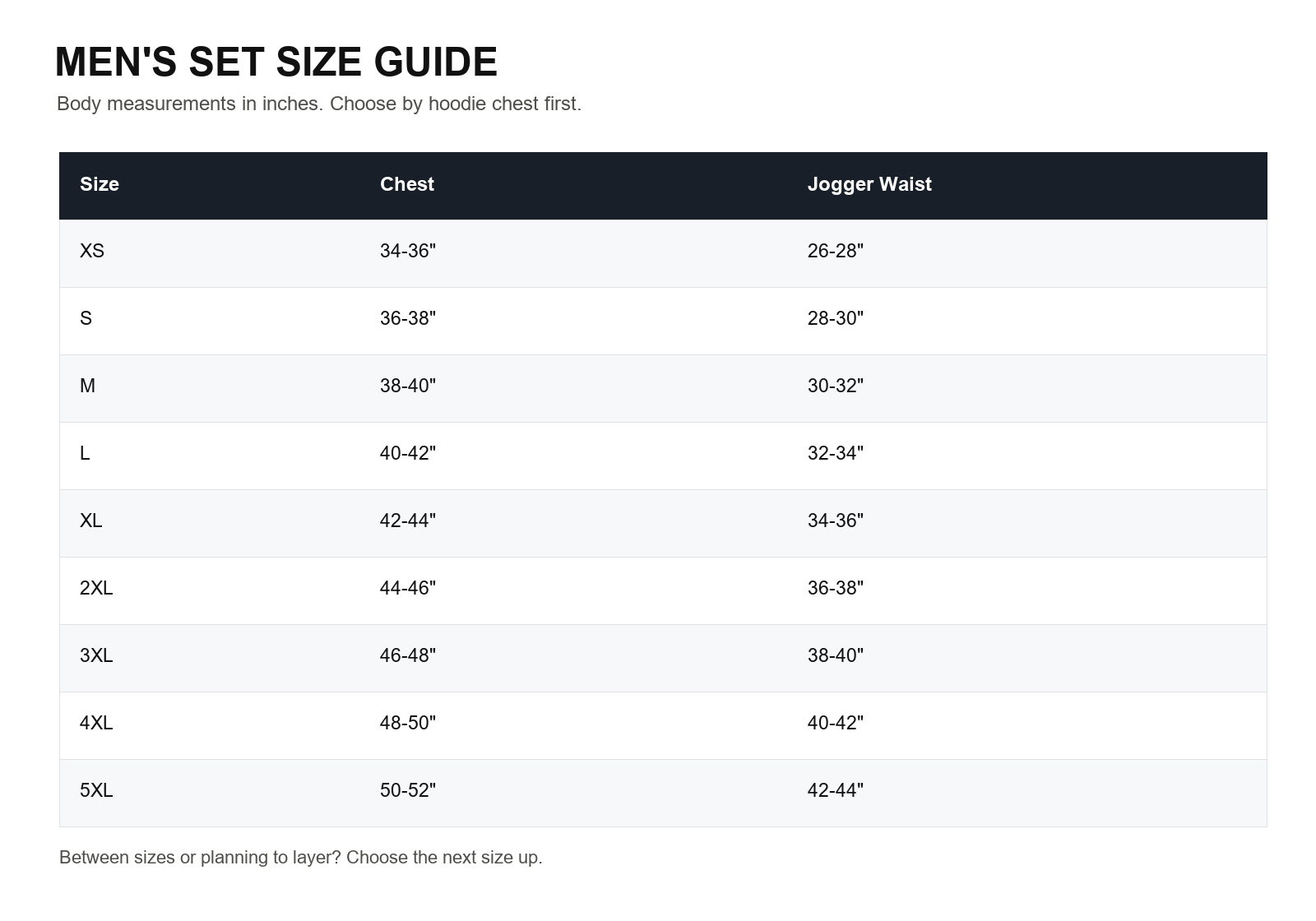 Men's fleece hoodie and jogger set size chart from XS to 5XL