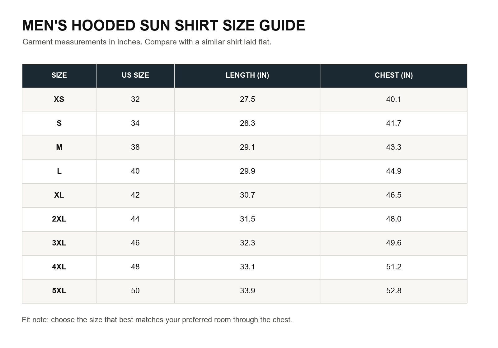 Men's UPF 50 hooded sun shirt size chart from XS through 5XL