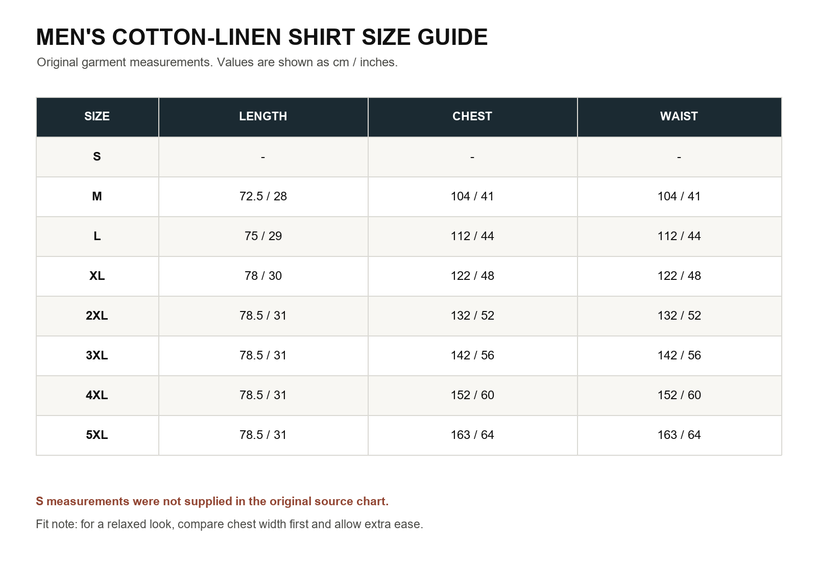 Men's cotton linen pocket shirt size chart for S through 5XL with original measurements