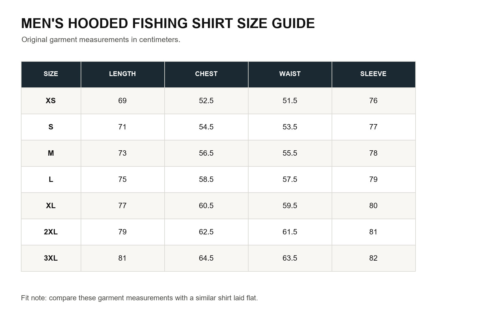 Hooded fishing shirt size chart for XS through 3XL with length chest waist and sleeve measurements