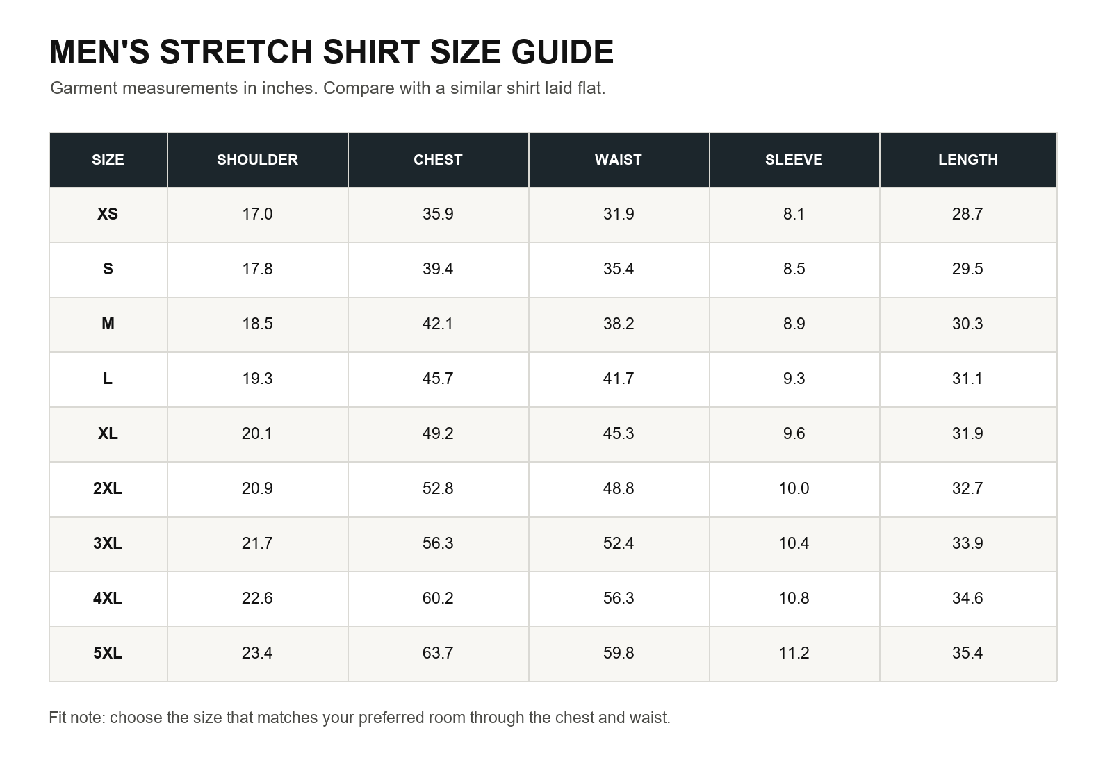 Men's short-sleeve stretch shirt size chart from XS through 5XL