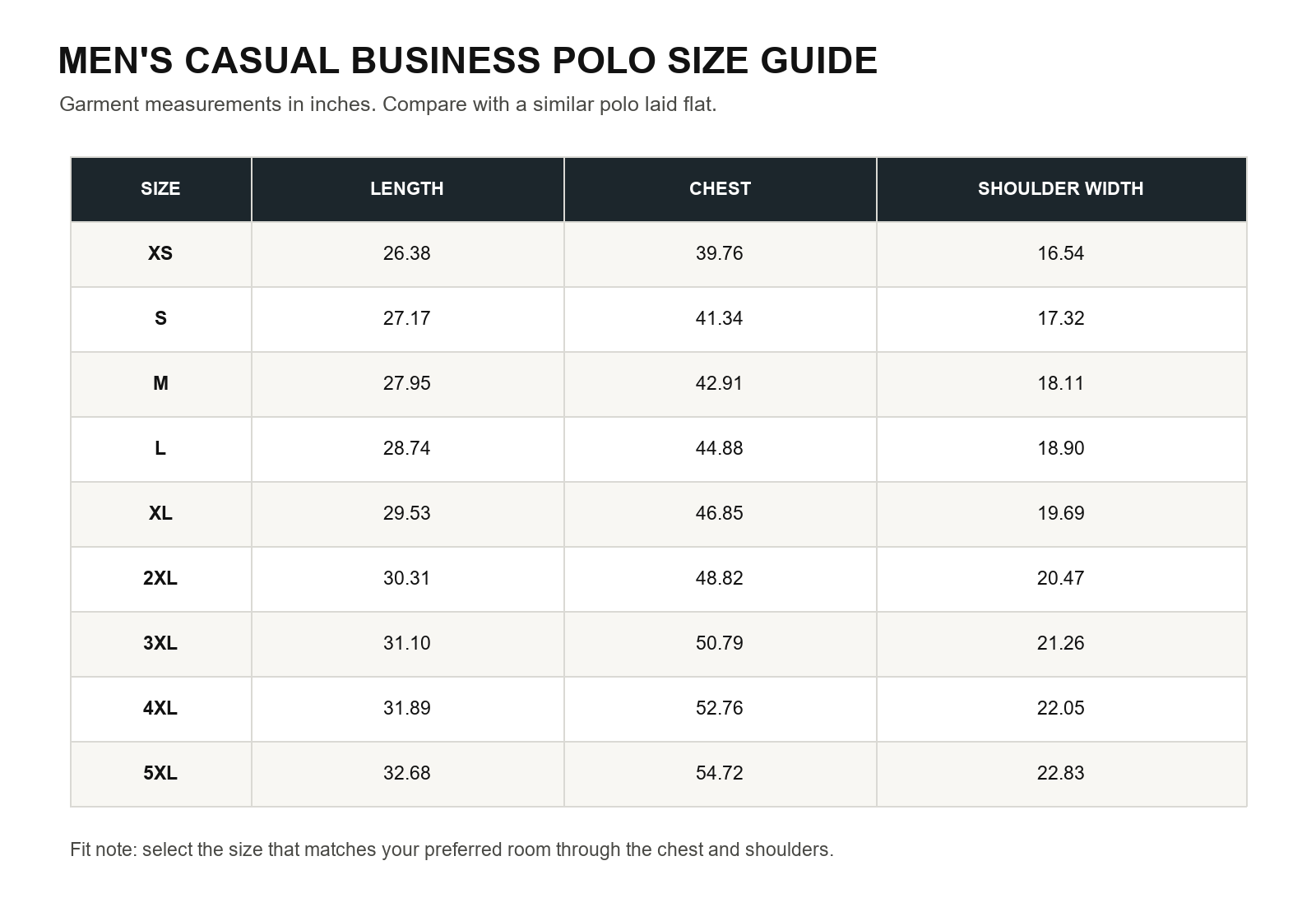 Men's casual business polo shirt size chart from XS through 5XL
