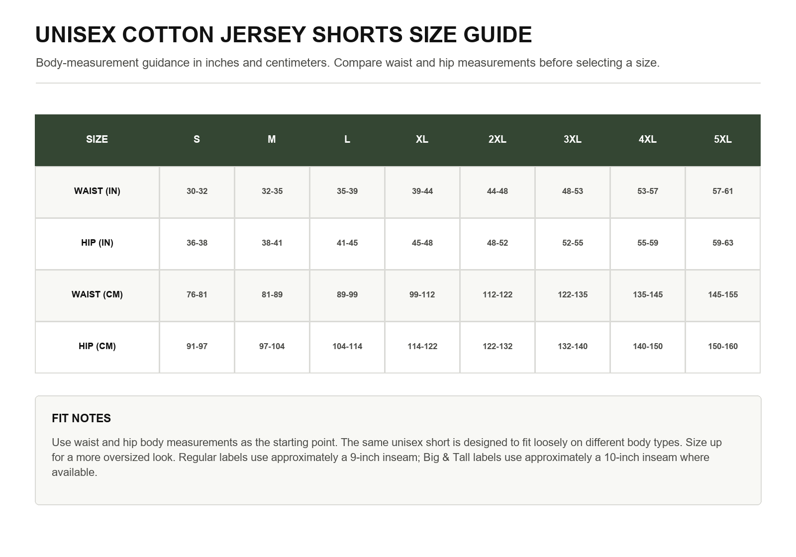 Unisex cotton jersey lounge shorts size chart in inches and centimeters