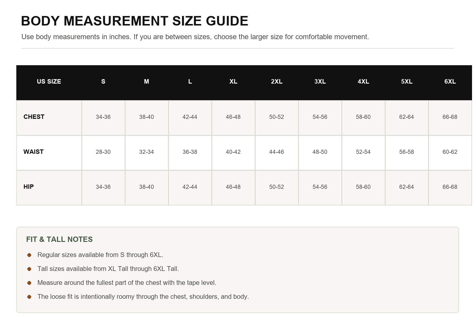 Men's heavyweight pocket T-shirt body measurement size chart from S through 6XL with tall sizing notes