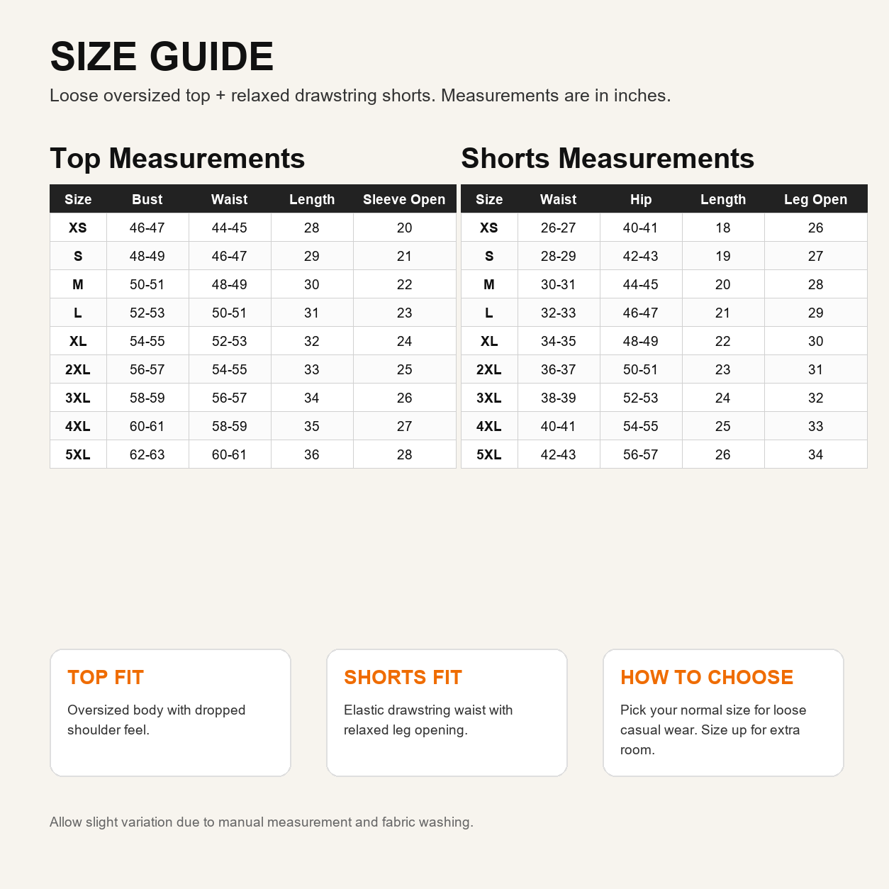 Size guide for loose sportswear set top and shorts measurements XS to 5XL