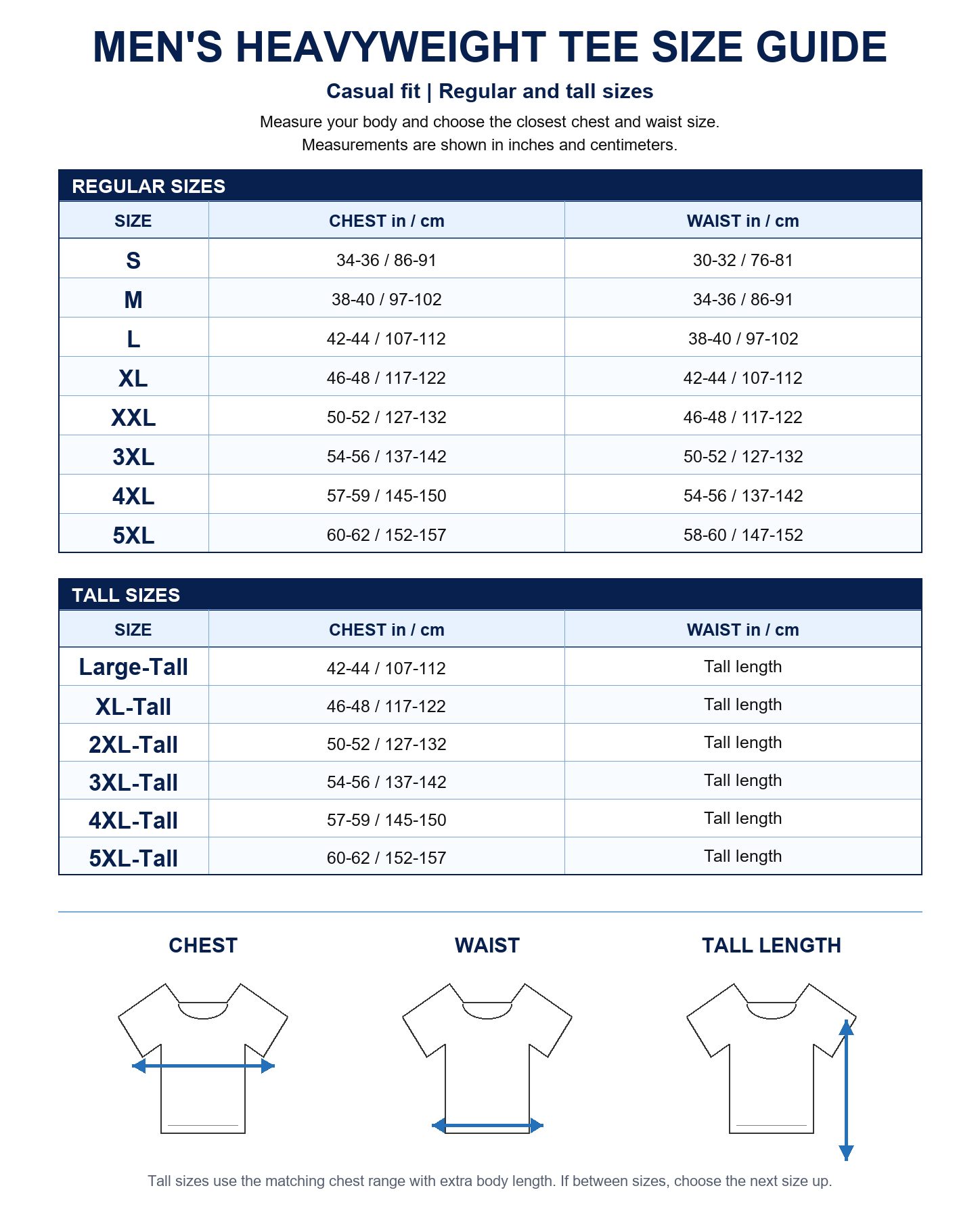 Men's heavyweight T-shirt size guide with regular sizes S to 5XL and tall sizes Large Tall to 5XL Tall