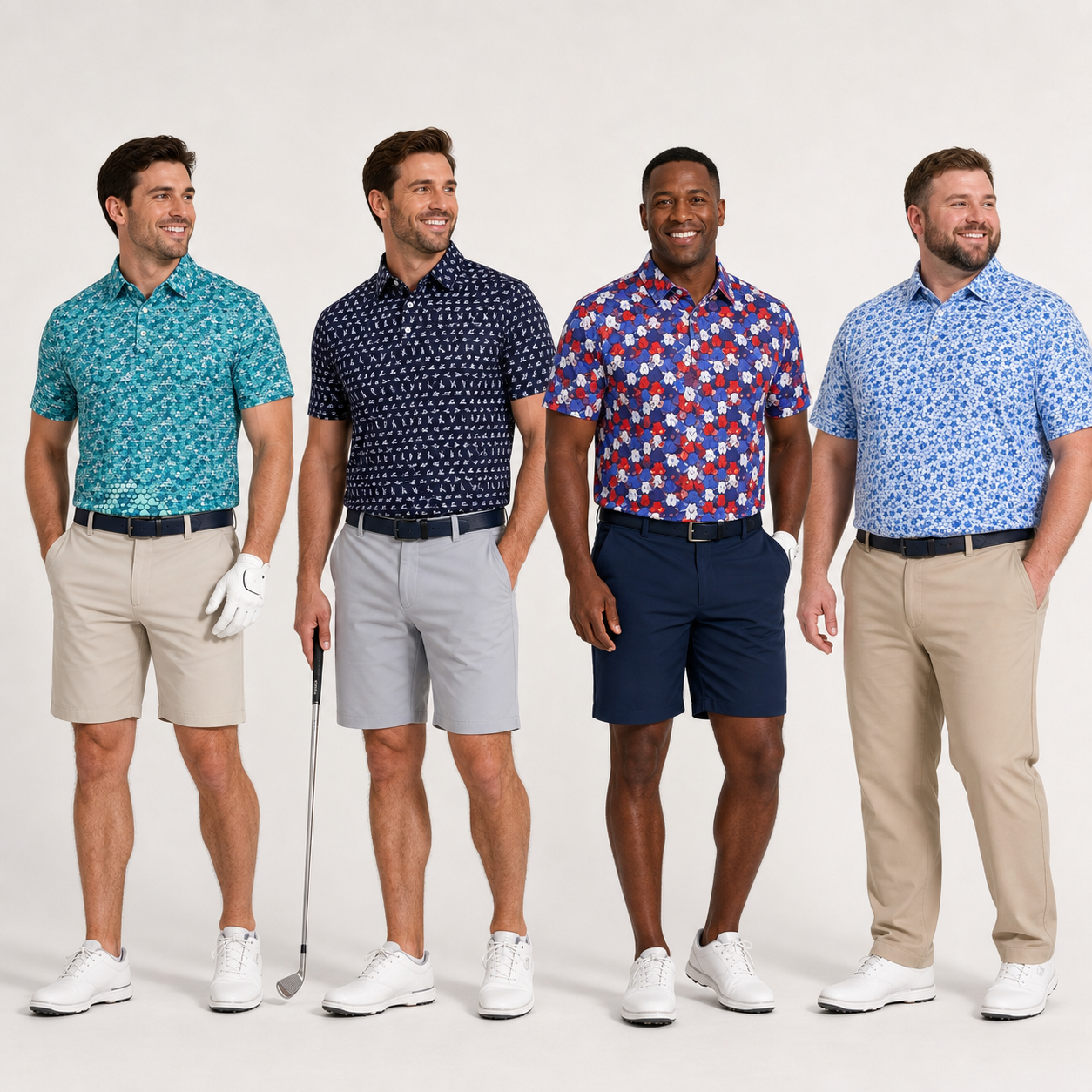 Four men wearing colorful printed short sleeve golf polos showing regular performance fit