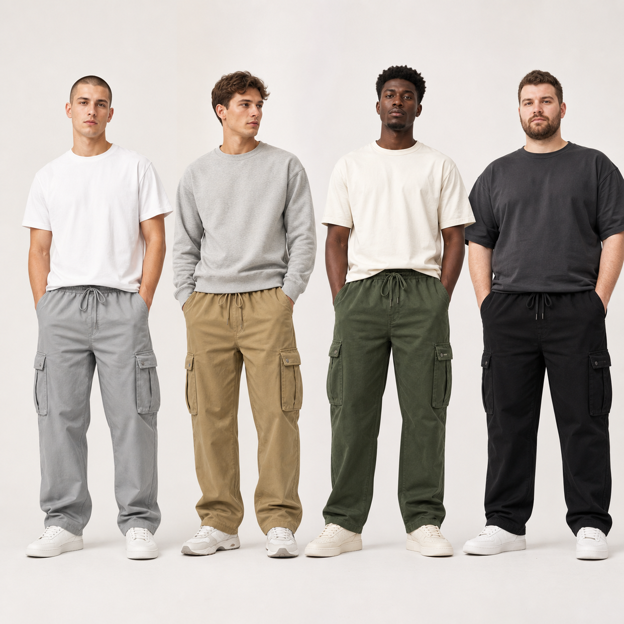 Four men wearing relaxed drawstring cargo pants in gray khaki olive and black showing fit