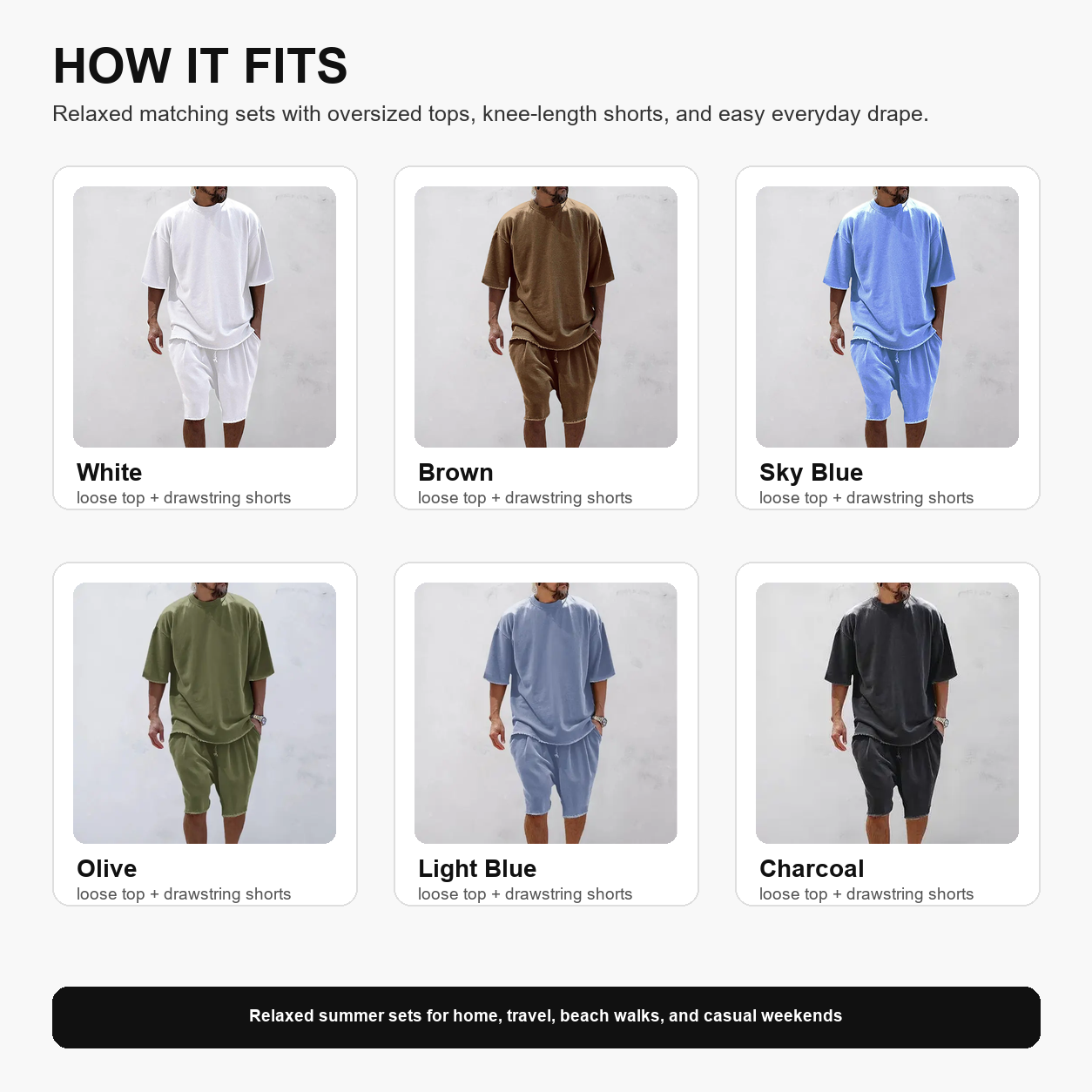 How it fits guide showing loose sportswear sets in white brown blue olive light blue and charcoal