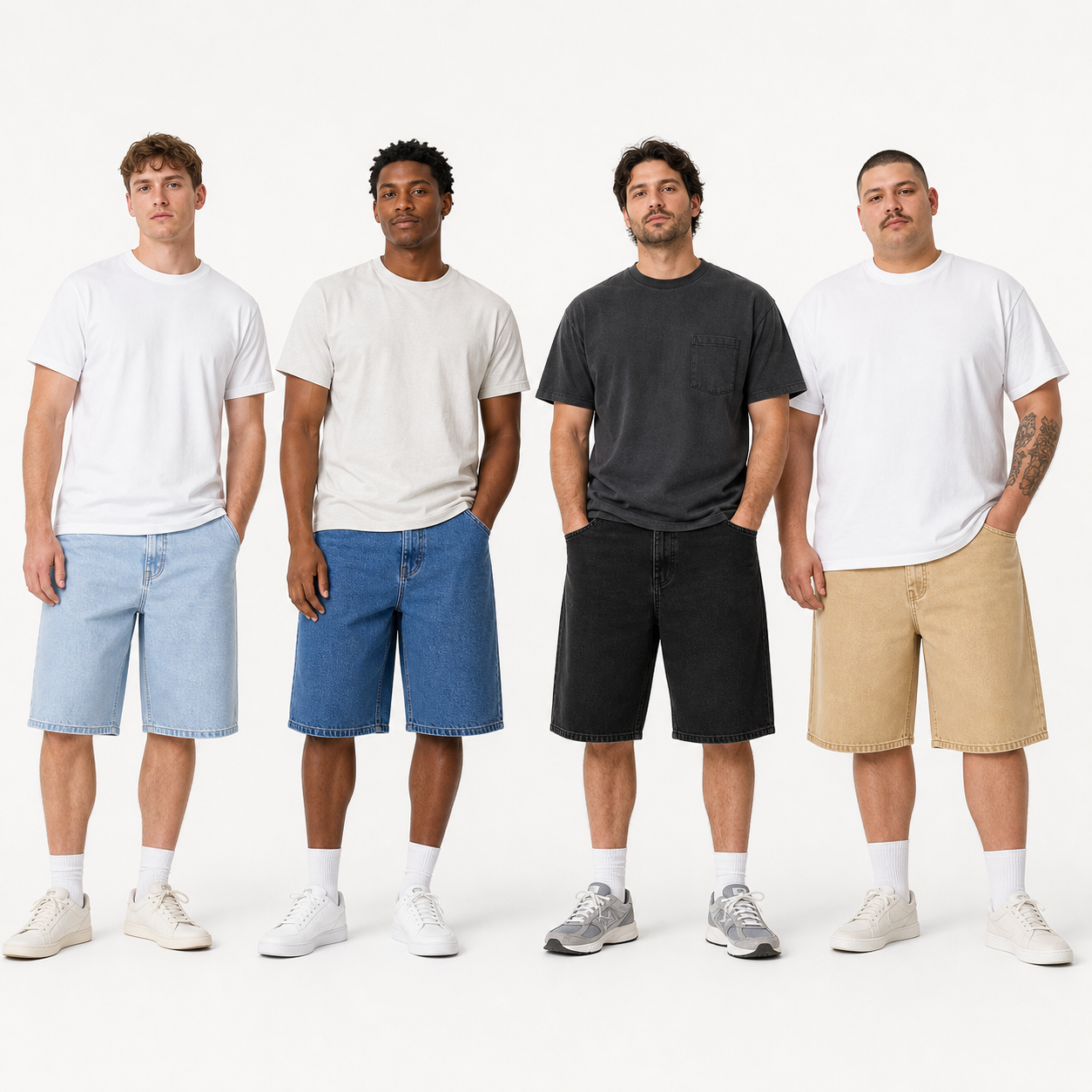 Four men wearing solid denim dad shorts in light wash medium blue black and khaki showing relaxed fit