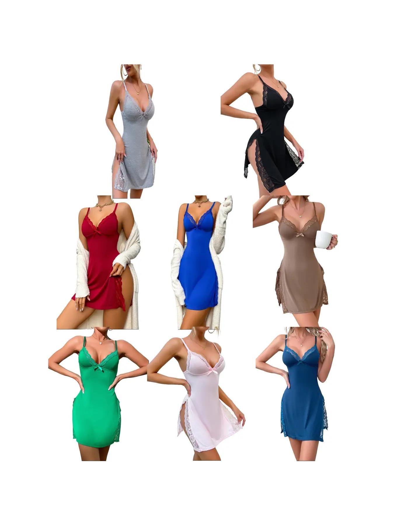 Women's Contrast Lace Backless Split Thigh Sleeveless Fitted Cami Sleepwear Nightdress, Elegant Aesthetic Casual Adjustable Spaghetti Strap Nightwear, Soft Comfortable Loungewear for Women Womenswear