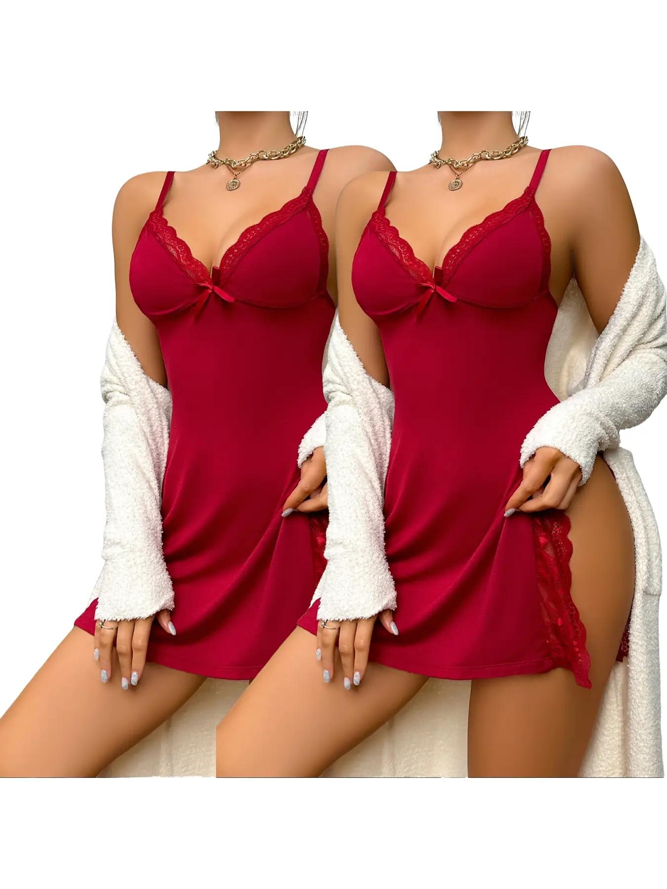 Women's Contrast Lace Backless Split Thigh Sleeveless Fitted Cami Sleepwear Nightdress, Elegant Aesthetic Casual Adjustable Spaghetti Strap Nightwear, Soft Comfortable Loungewear for Women Womenswear