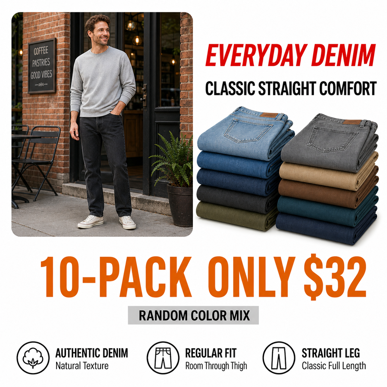 10-pack of classic regular-fit straight jeans in random colors