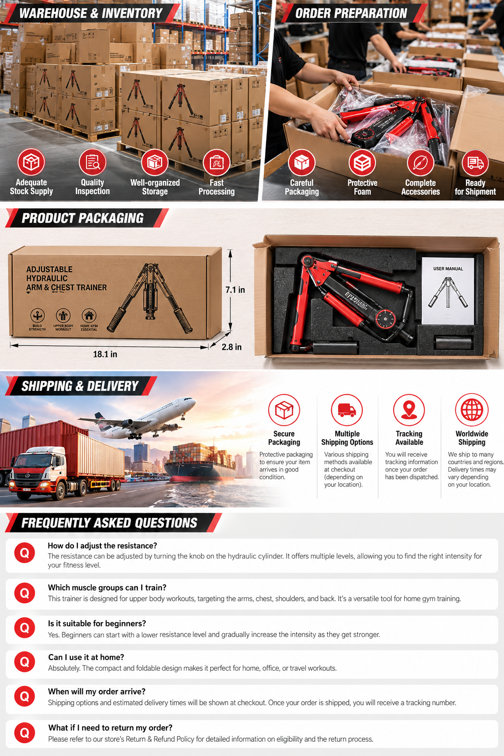 Illustrative warehouse storage and hydraulic arm trainer packing scene