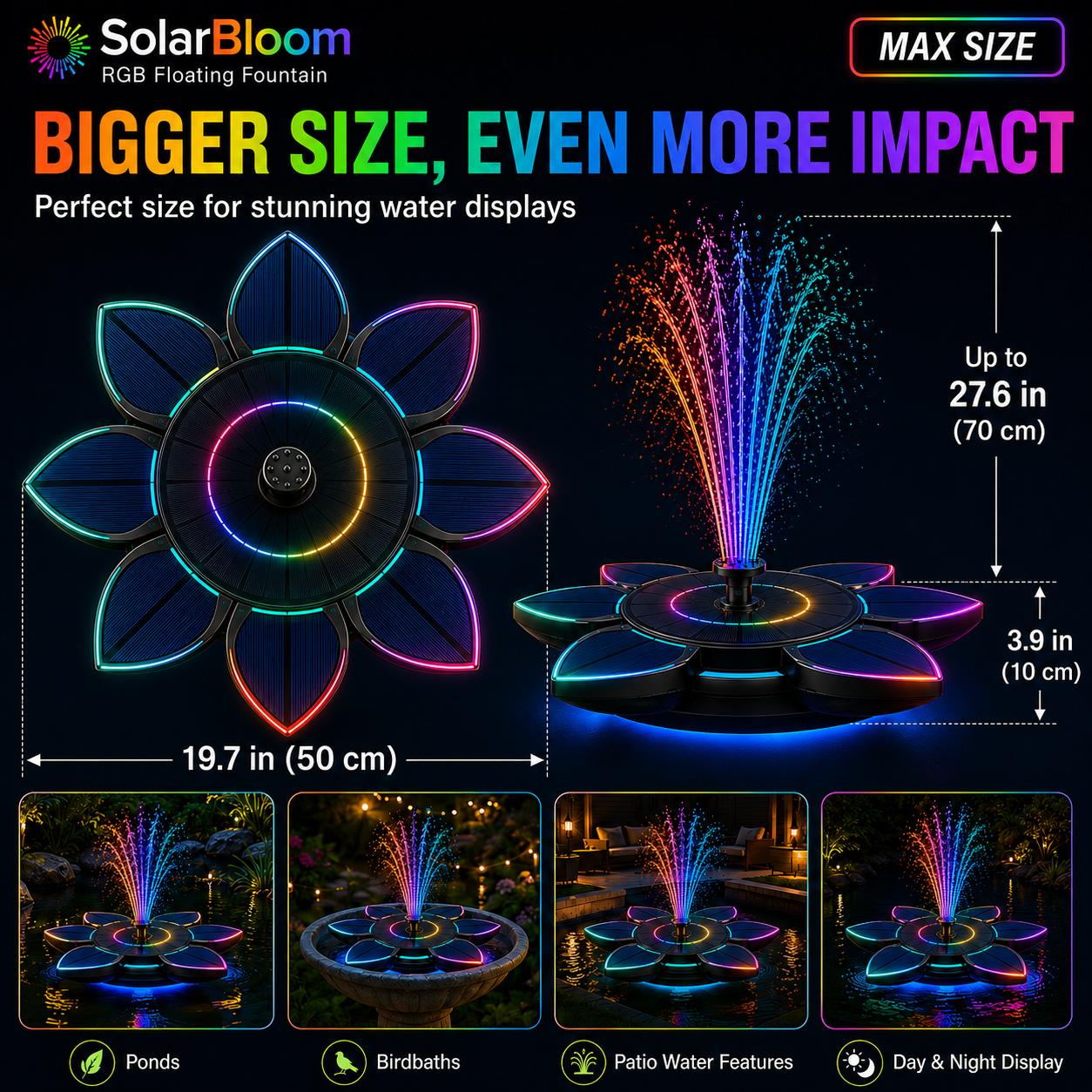 SolarBloom™ RGB Solar Floating Fountain | Color-Changing LED Lights | Automatic Day/Night Sensor | Multiple Spray Modes