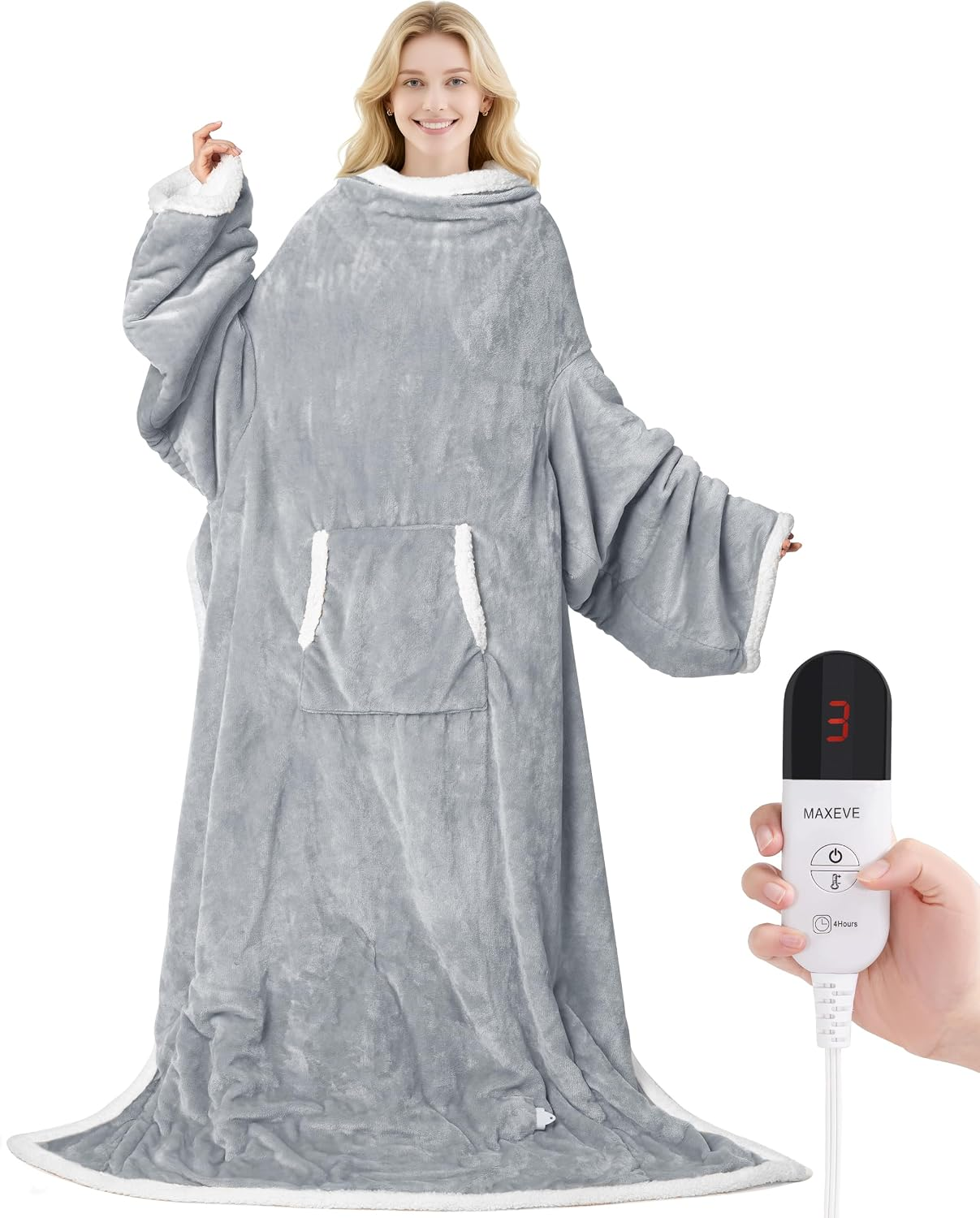 Electric Wearable Heated Blanket with Foot Pocket, Heated Blanket Wearable with Sleeves, Flannel & Sherpa Electric Throw Blanket for Sofa, 10 Heat Settings & 2-8H Auto Shut-Off, 50*70"+18", Light Grey