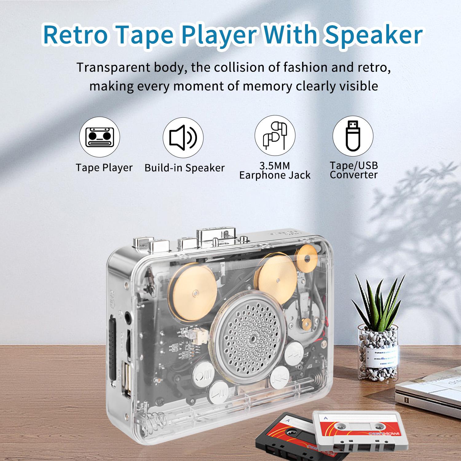 Transparent Radio & Cassette Player, USB Cassette Recorder, Tape-to-Digital Audio MP3 Converter, Push Button, Rechargeable, 3.5 mm Jack, PC-Powered for Music Lovers Rechargeable Radio