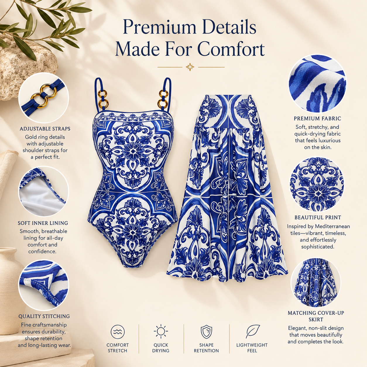 Women’s Mediterranean Blue Print Swimsuit Set with Cover-Up Skirt