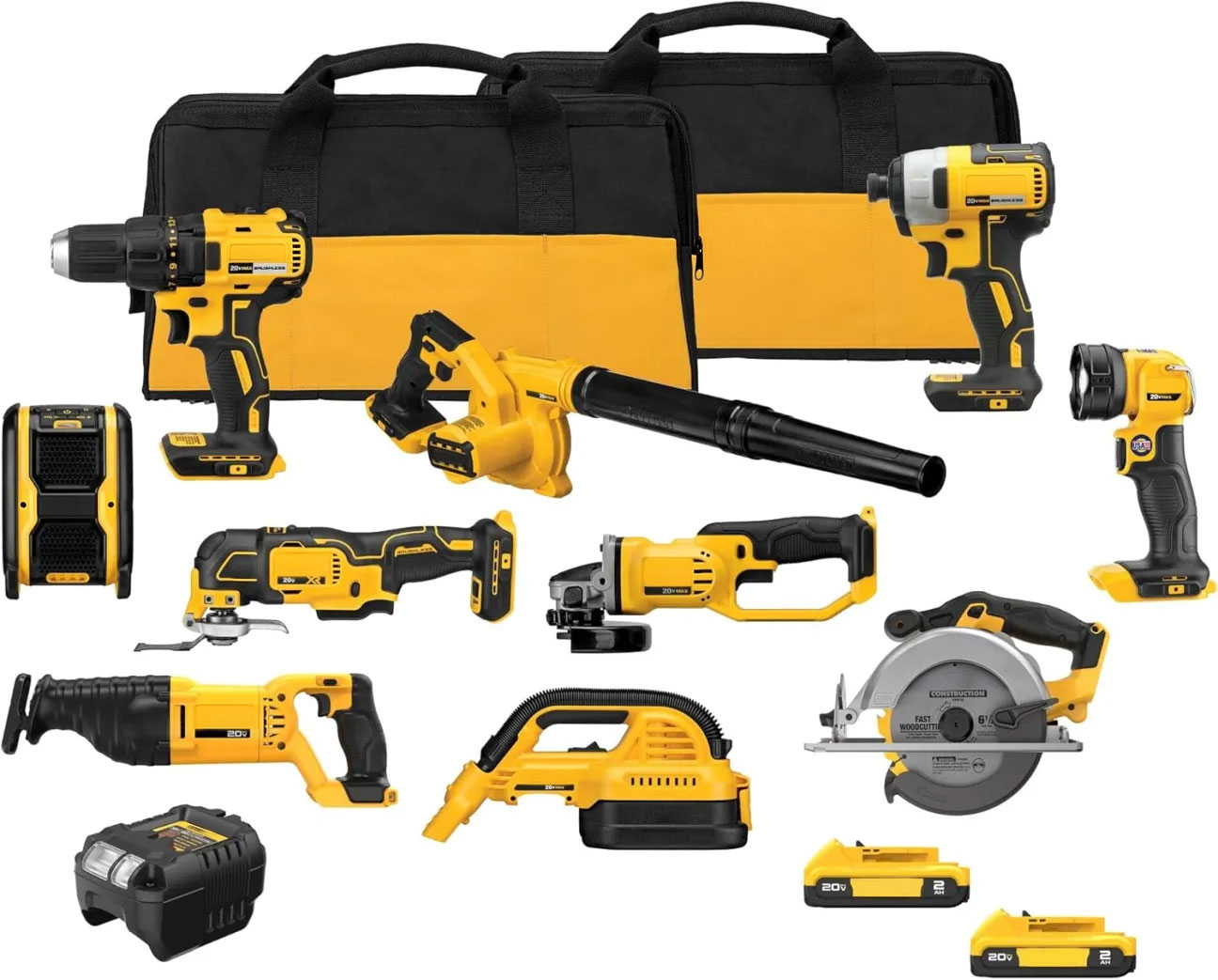 DEWALT 20V MAX Power Tool Combo Kit, 10 Tool Cordless Power Tool Set, 2 Batteries, Charger and 2 Bags Included, Dewalt Brushless Combo Kit (DCK1021D2)