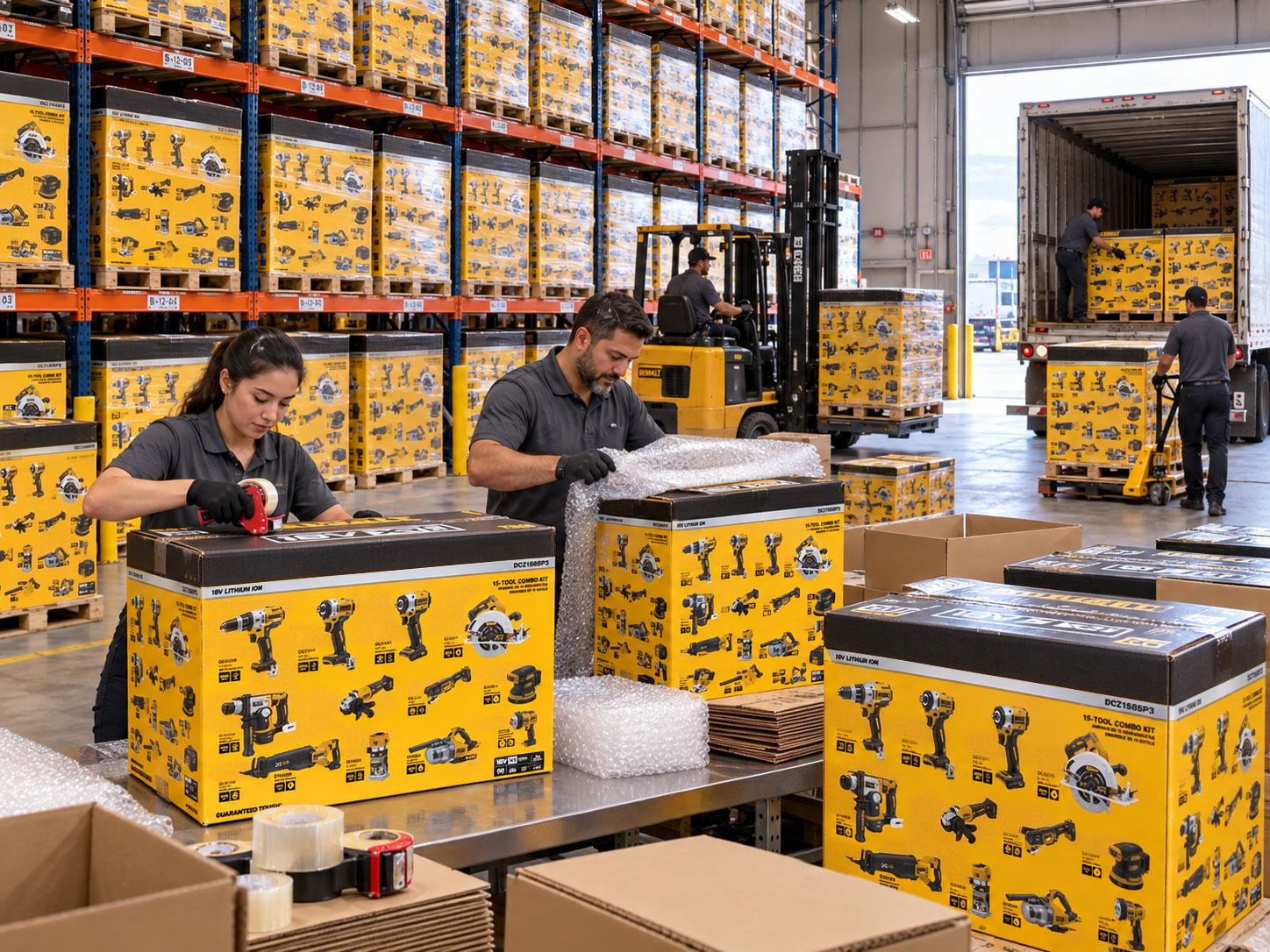 Warehouse packaging and freight loading scene