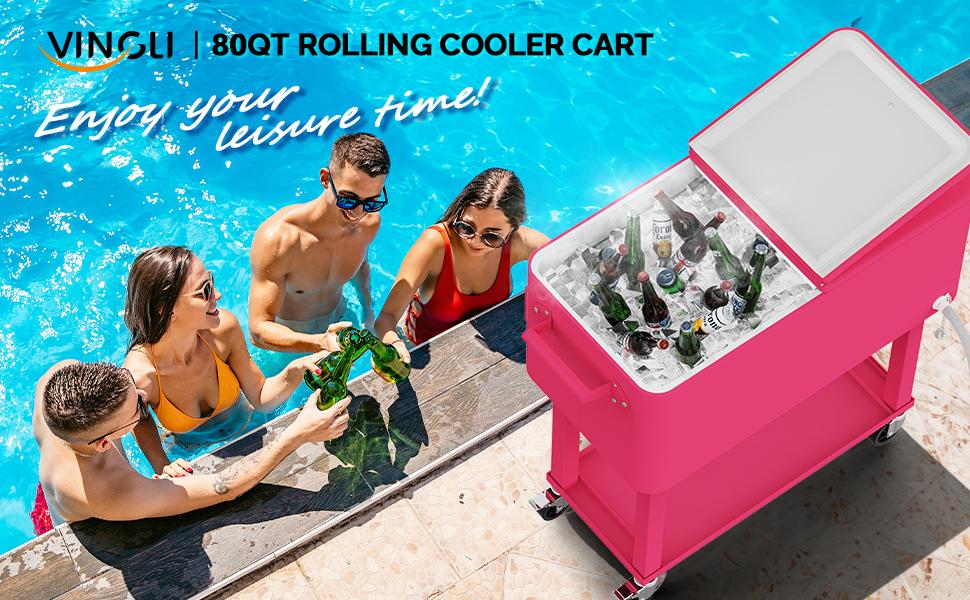[Summervibes] VINGLI 80 Quart Rolling Ice Chest, Portable Patio Party Bar Drink Cooler Cart, with Shelf, Beverage Pool with Bottle Opener