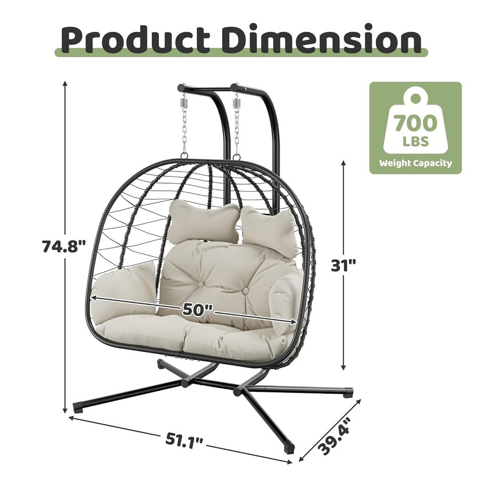 All-Weather 2-Seater Hanging Egg Chair with Stand | Heavy-Duty Lounger (317 kg)