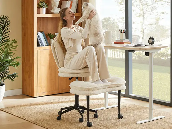 [Plus Size] Pinmoco Cloud Throne Cross-Back Ergonomic Chair—Dual-layer 360-degree swivel, height-adjustable, teddy bear fabric, pet-friendly office chair, extra-wide seat, ideal for both home and office use, reading chair.