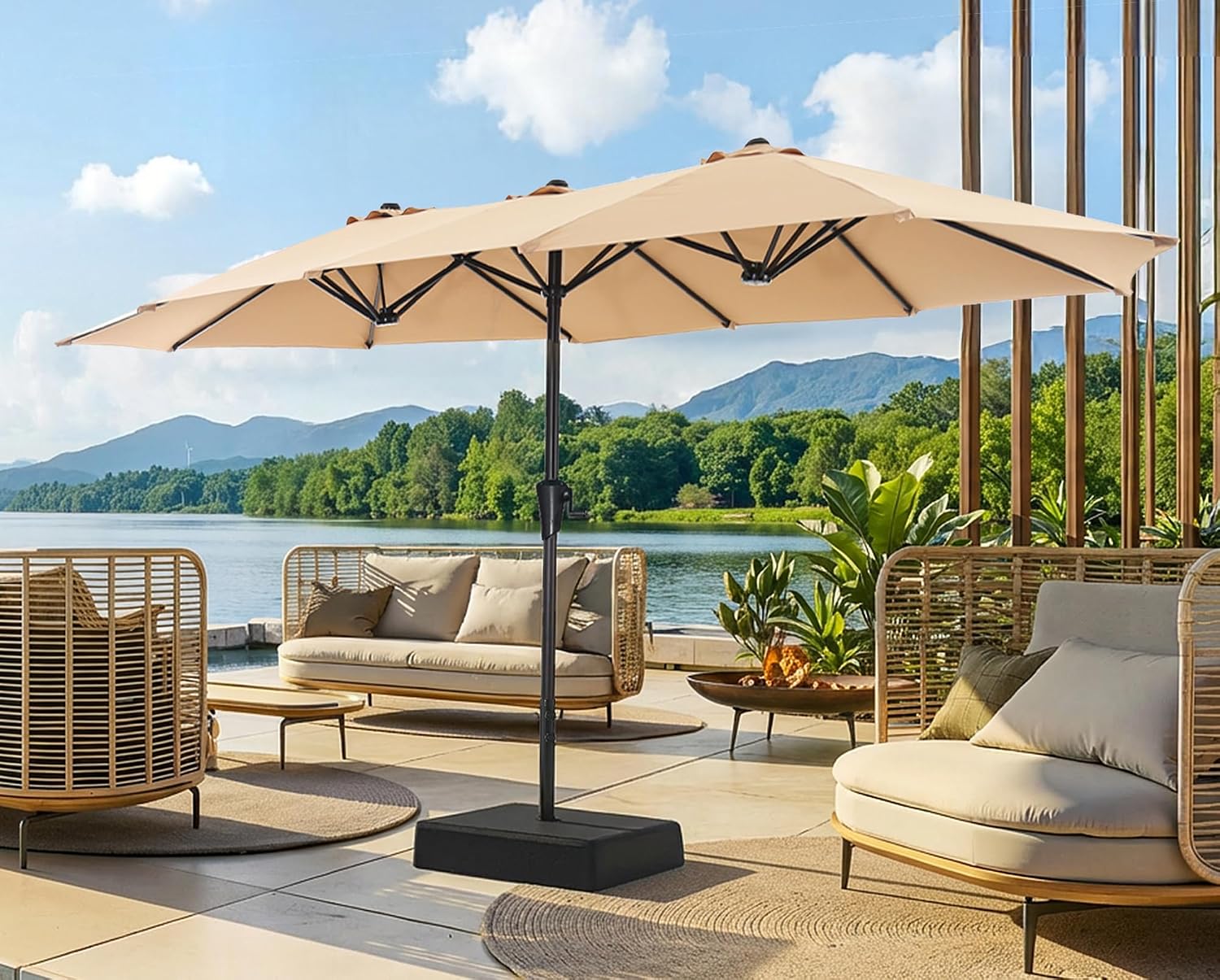 13FT Extra Large Double-Sided Outdoor Patio Umbrella with Base, Fade-Resistant Canopy for Pool, Deck, Garden & Backyard – Light Blue