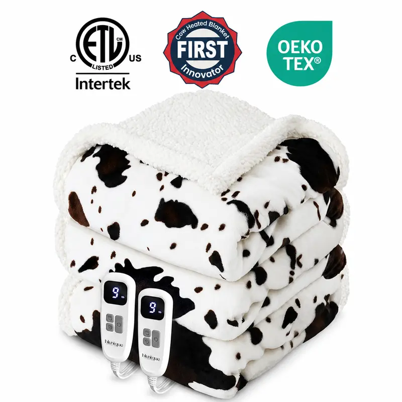 🔥 Cozy Cow Print Electric Heated Throw Blanket – 5 Heat Settings & Auto Shut-Off