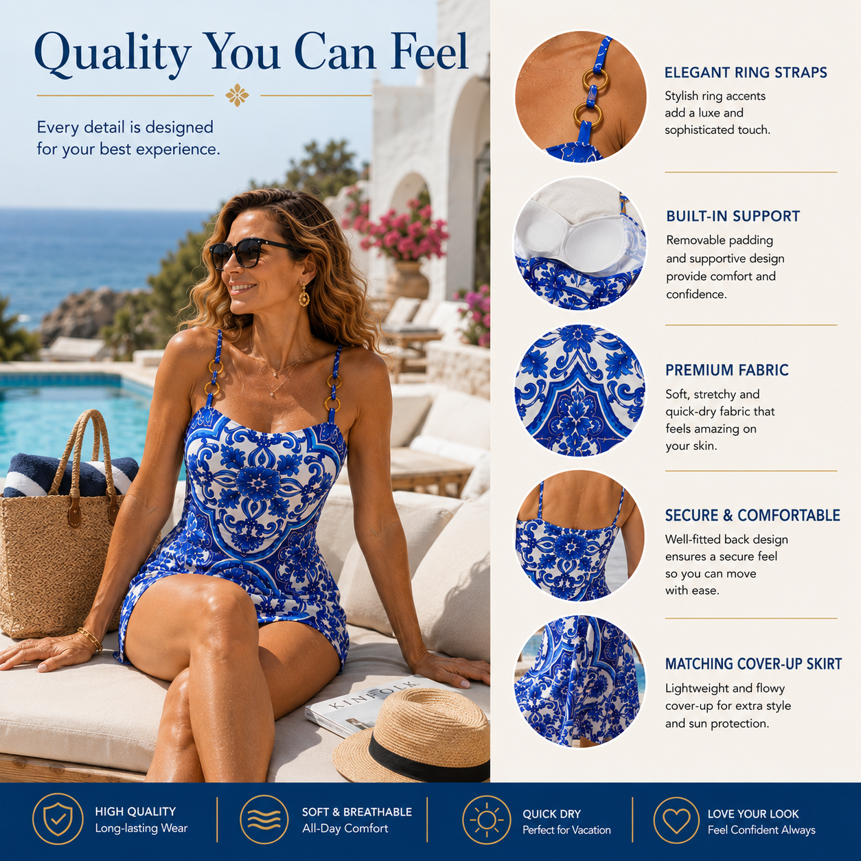 Women’s Mediterranean Blue Print Swimsuit Set with Cover-Up Skirt